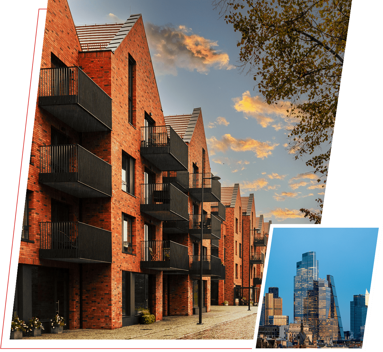 Modern brick apartments and city skyline view.