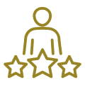 Person icon above three stars, black background.