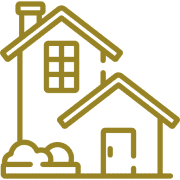 Outline of two houses with trees.